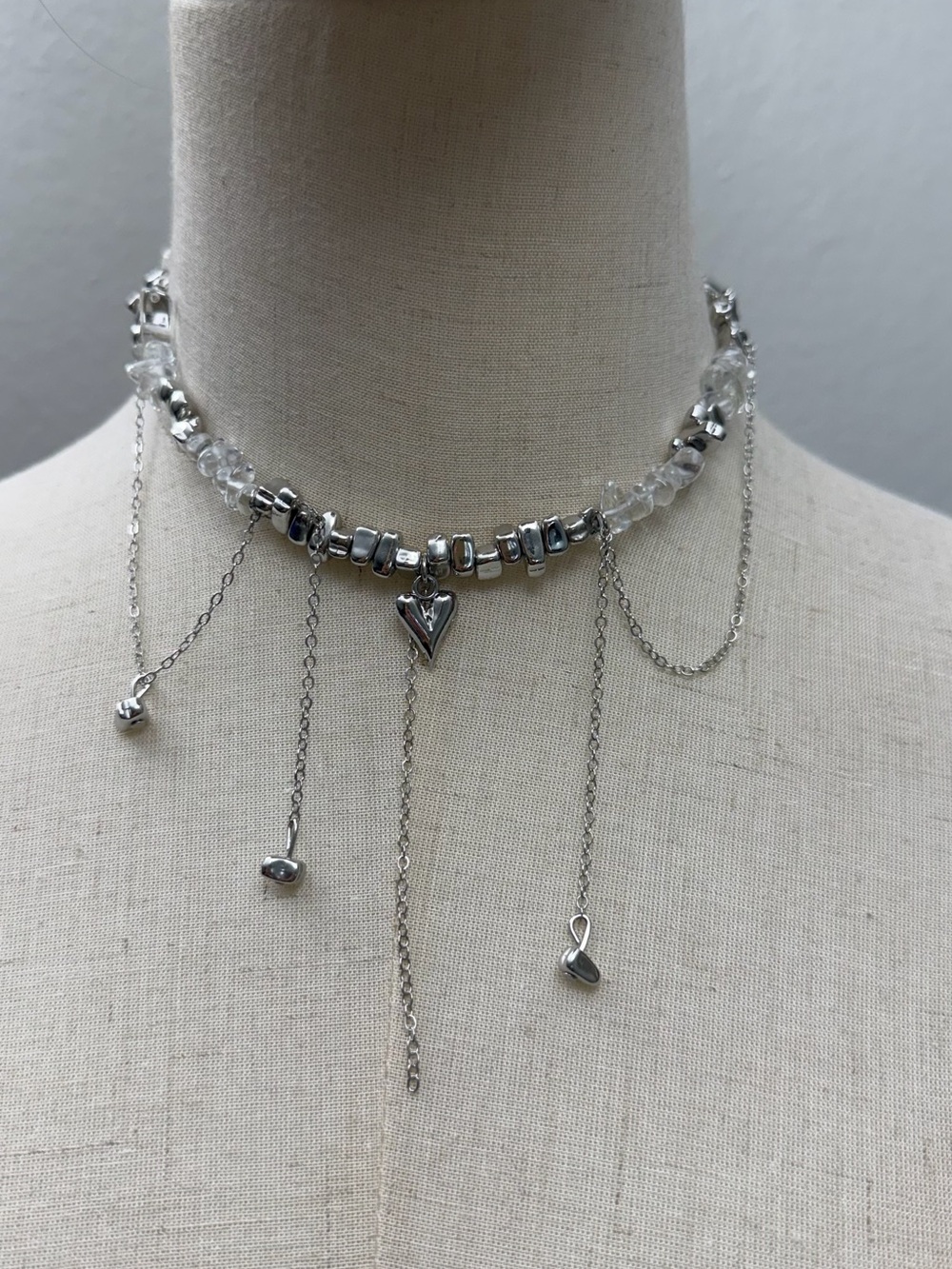 Silver Heart Crystal Choker Necklace Clear Quartz Beaded Chain Dangle Y2K